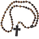 Sine Cera Tiger Eye/Jujube Wood 5 Decade Catholic Rosary, Laser Engraved Crucifix/Double-Sided Centerpiece, Smooth 8mm Beads