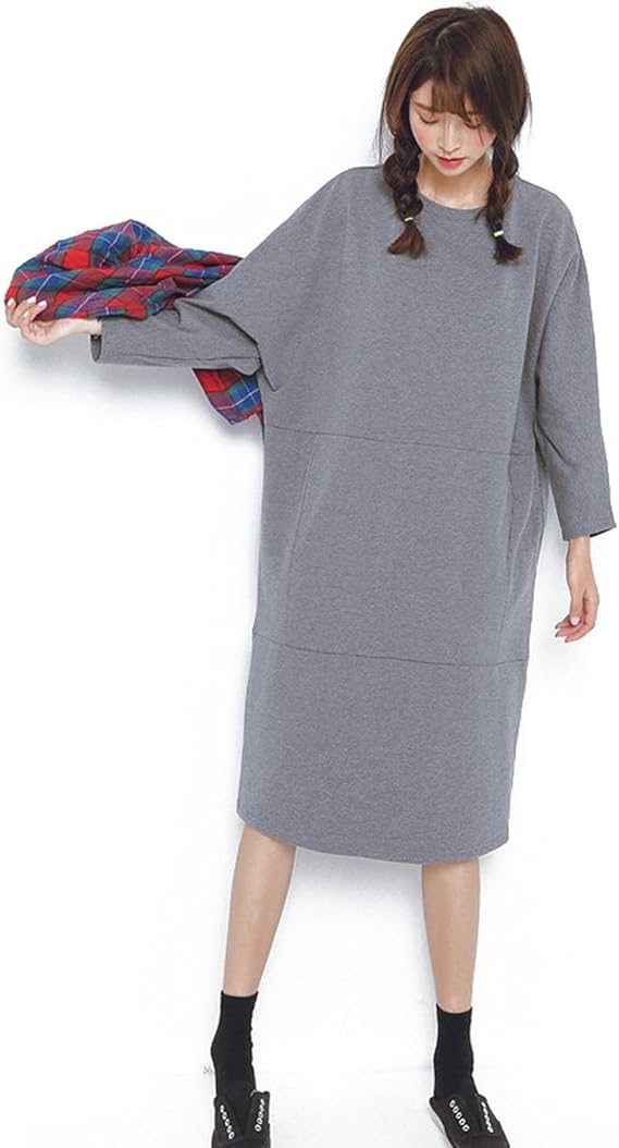 Amazon フアングー Huanggu ゆる 可愛い カットソー ミモレ 丈 ワンピース レディース ロング Tシャツ ジャージ 素材 黒 赤 紺 グレー 全4色 ゆったり フリーサイズ グレー ワンピース チュニック 通販