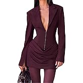 Women's Long Sleeve Lapel V Neck Ruched Ruffles Bodycon Sexy Nightclub Party Blazer Mini Dress