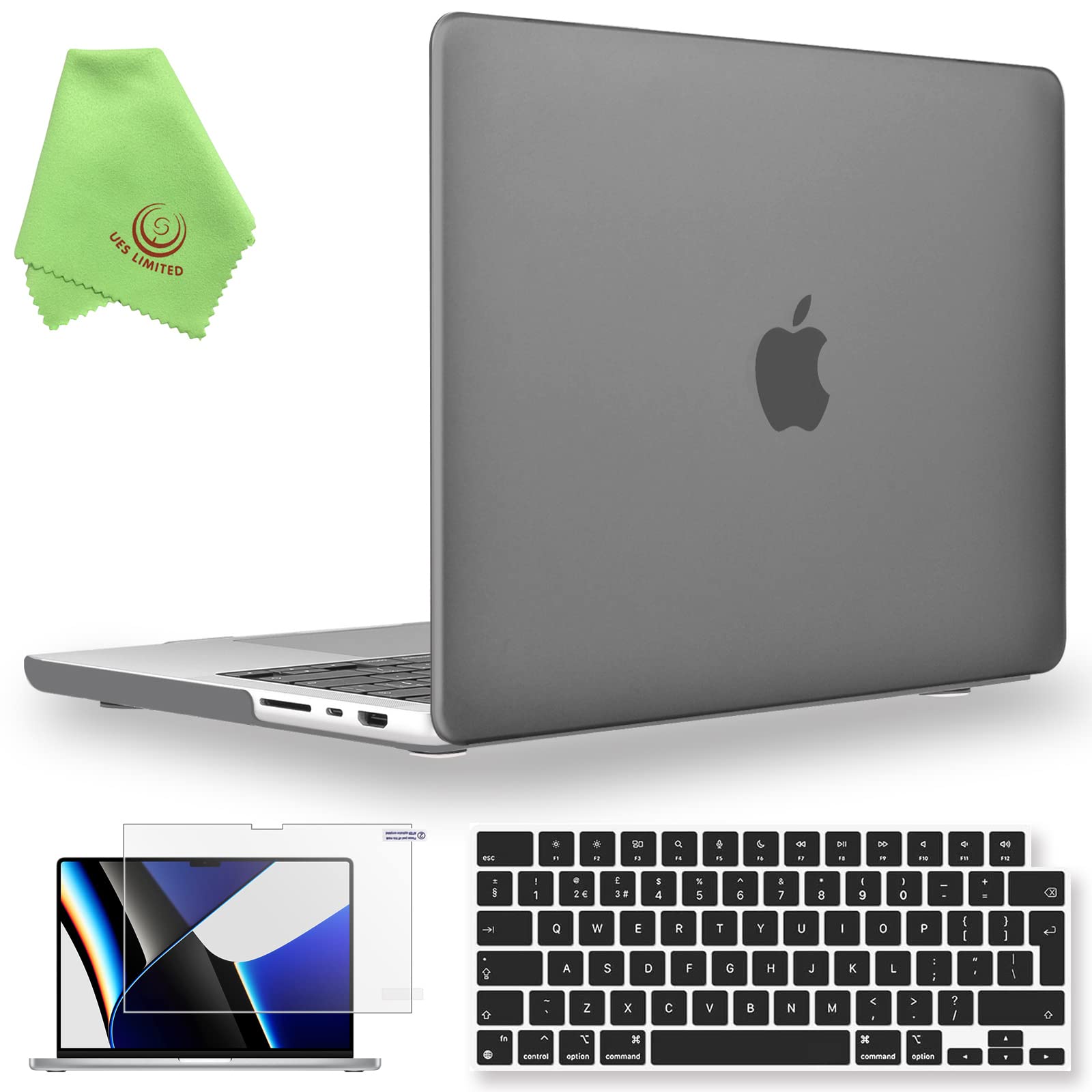 UESWILL 3in1 Compatible with MacBook Pro 16 inch M5 M4 M3 M2 M1 Pro Max chip (2021-2026 Release), Matte Hard Shell Case + UK Layout Keyboard Cover + Screen Protector, Gray