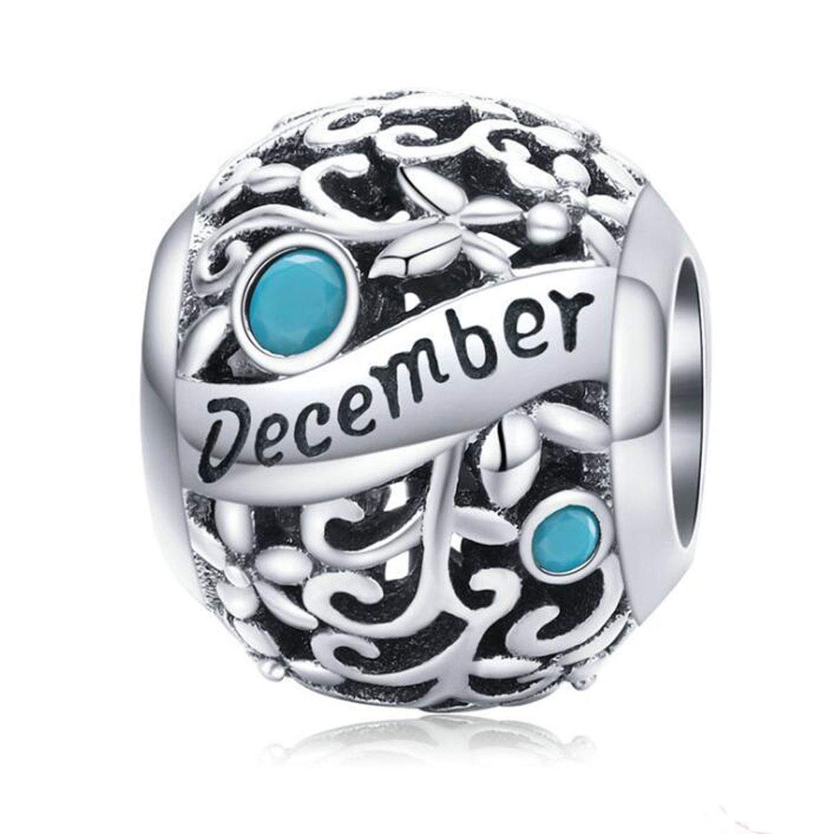 Women September October Birthstone Charm Beads 925 Sterling Silver Charms Happy Birthday 12 Birthstone Charms fit for Pandora Bracelets (December Birthstone Charm)