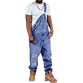 Runcati Men's Denim Bib Overall Ripped Distressed Jean Fashion Casual Adjustable Strap Loose Fit Hippie Jumpsuit