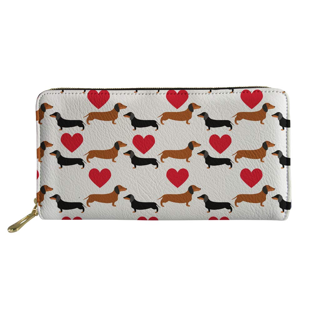 Woisttop Animal Black Brown Dachshund Dog Red Heart Print Women Wallet Zip Around Clutch Ladies Travel Coin Purse Phone Card Holder