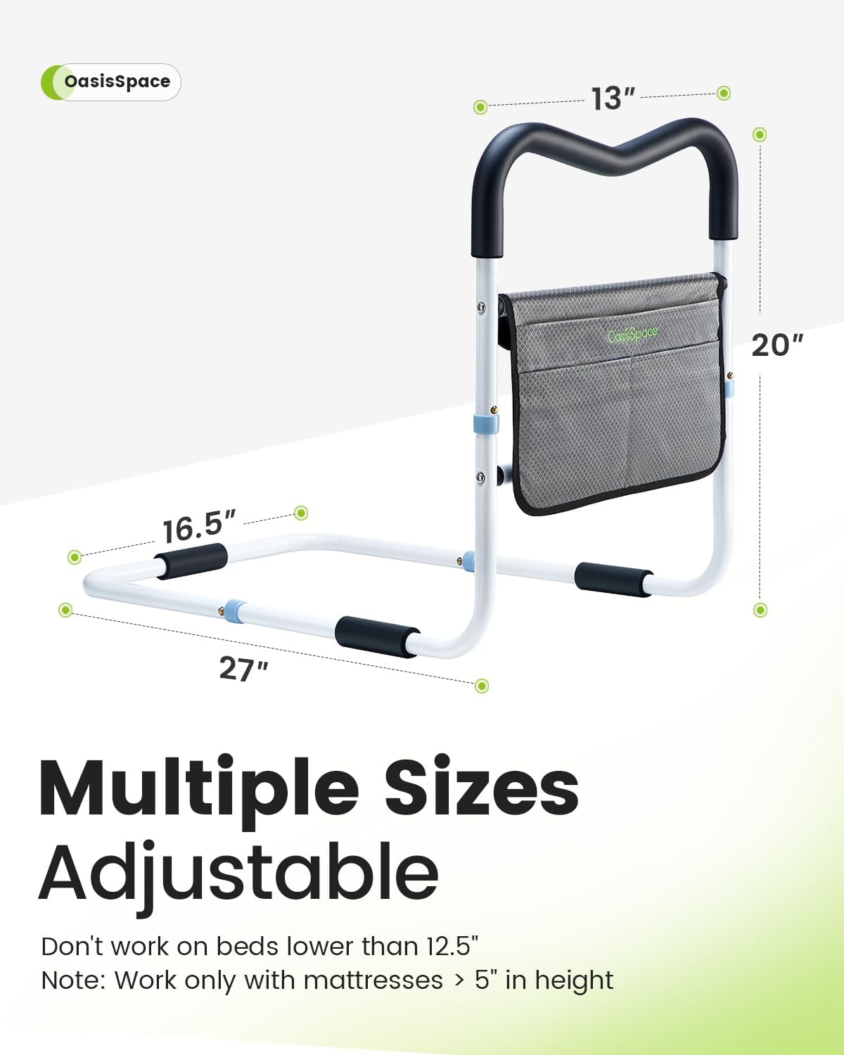 OasisSpace Bed Rail for Seniors, Medical Bed Assist Bar with Storage Pocket and Fall Prevention Safety Hand Guard Grab Bar for Elderly, Handicap- Fit King, Queen, Full, Twin