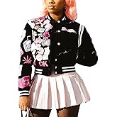 SaytoRose Varsity Jacket Women Print Vintage Patches Letterman Cropped Bomber Jacket Lightweight Dressy Cute Coat