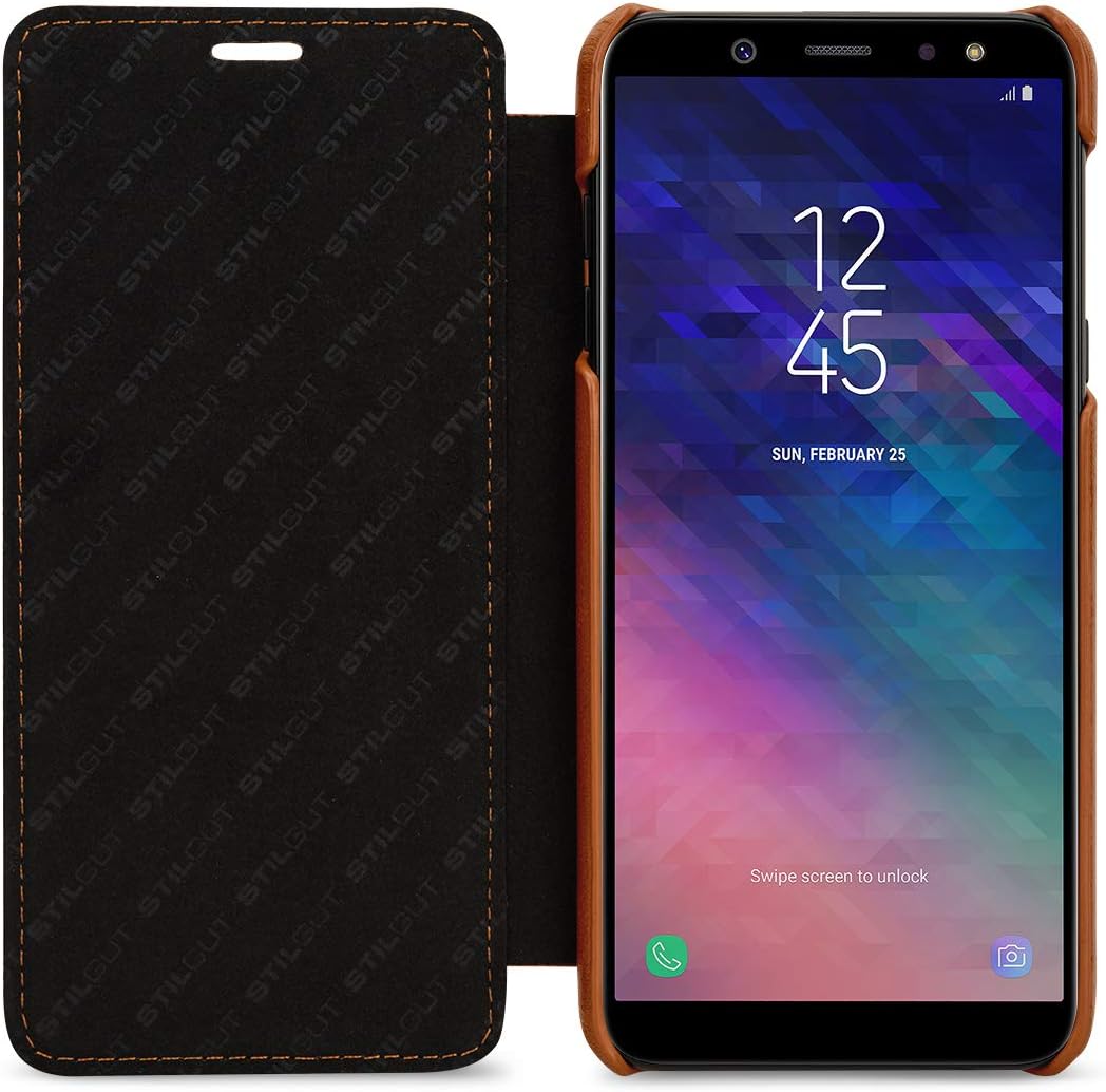 StilGut Book Type Flip Case for Galaxy A6 Plus/A6+ 2018, Genuine Leather Samsung Galaxy A6 Plus Case, Cognac Brown - Image 3