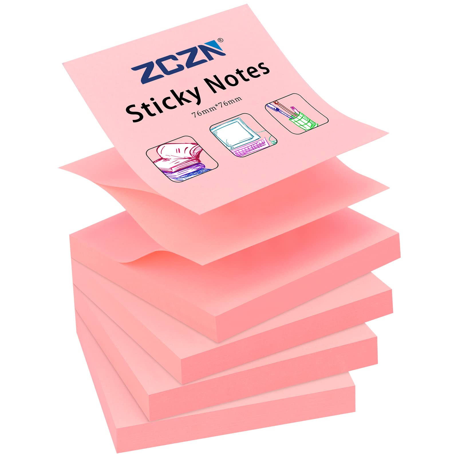 ZCZN Pop-up Sticky Notes 76 x 76 mm, 4 Pads Bright Colour Self-Stick Notes, 100 Sheets/Pad, Pink