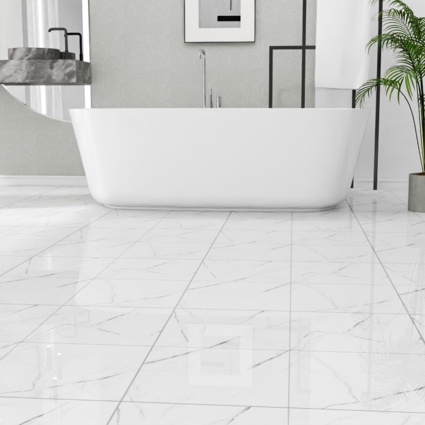 Photo 1 of 10-Pack Peel and Stick Floor Tiles Vinyl Floor 12 x 12 inch Self Adhesive Waterproof Glossy Flooring Planks DIY for Bathroom, Kitchen, Living Room, RV, Cover 10 Sq. Ft, Polish White Marble