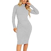 Kaximil Women's Ribbed Basic Casual Midi Dress Long Sleeve Bodycon Ruched Club Dresses