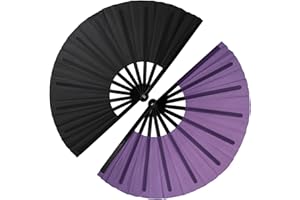 QIRMIZI 2 PCS Large Rave Fan Folding Clack Popping Line Dancing Fans Boots On The Ground Fans, Hand Fans for Halloween, Burlesque, Rainbow Outfits,Black,Purple
