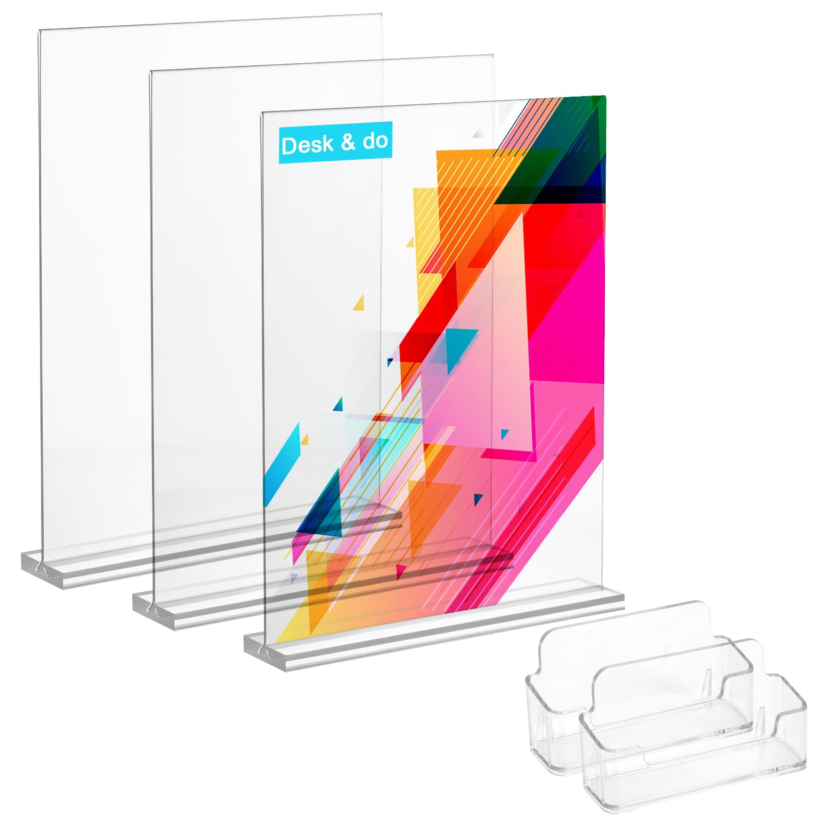 Photo 1 of 8.5x11 Acrylic Sign Holder with 2 Business Card Holder, 3 Pack Double Sided Clear Display Stand, Flyer Holder 8.5 x 11, Table Top Paper Holder, Vertical Menu Flyer Stand, Plastic Frame for Restaurants