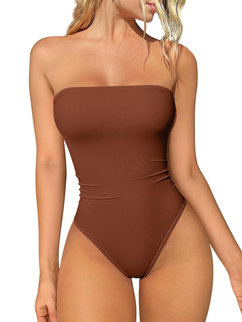 Photo 1 of OQQ Womens Tube Bodysuits Strapless Basic Sleeveless Ruched Stretch Classic-Fit Tops Sexy Bodysuits Caramel