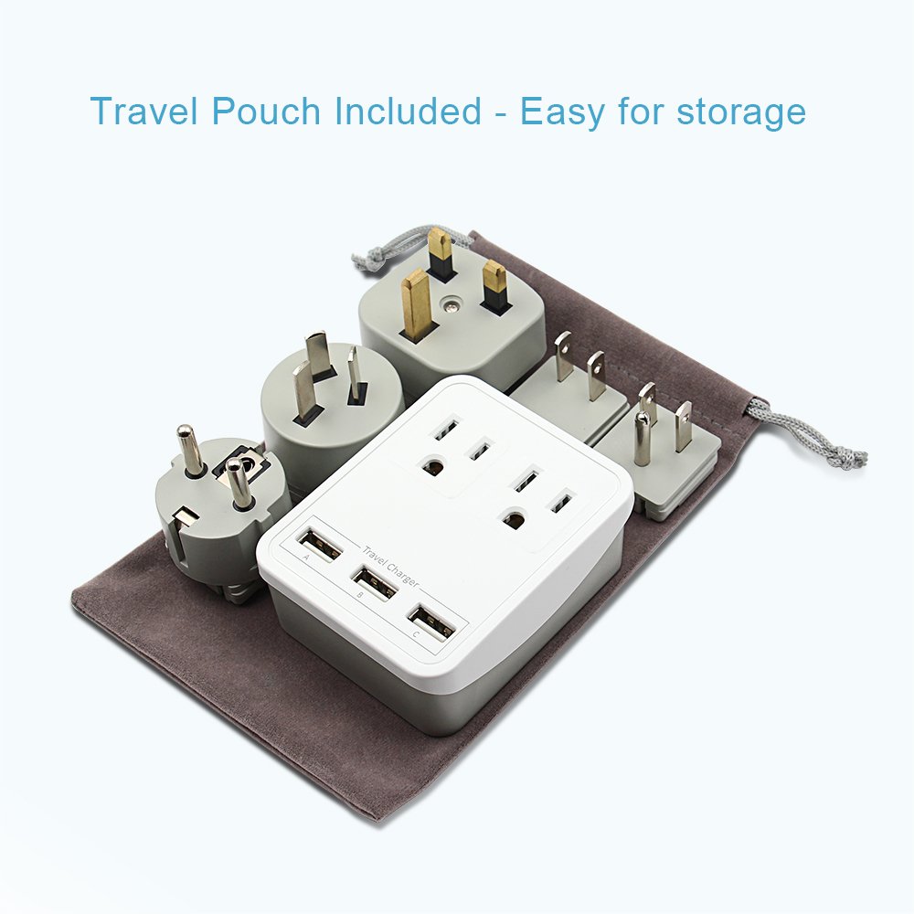 World Travel Adapter Charger Kit - 3 USB + 2 US Outlets, Includes Plugs for Europe, UK, China, Australia, Japan - Perfect for Laptop, Cell Phones and more