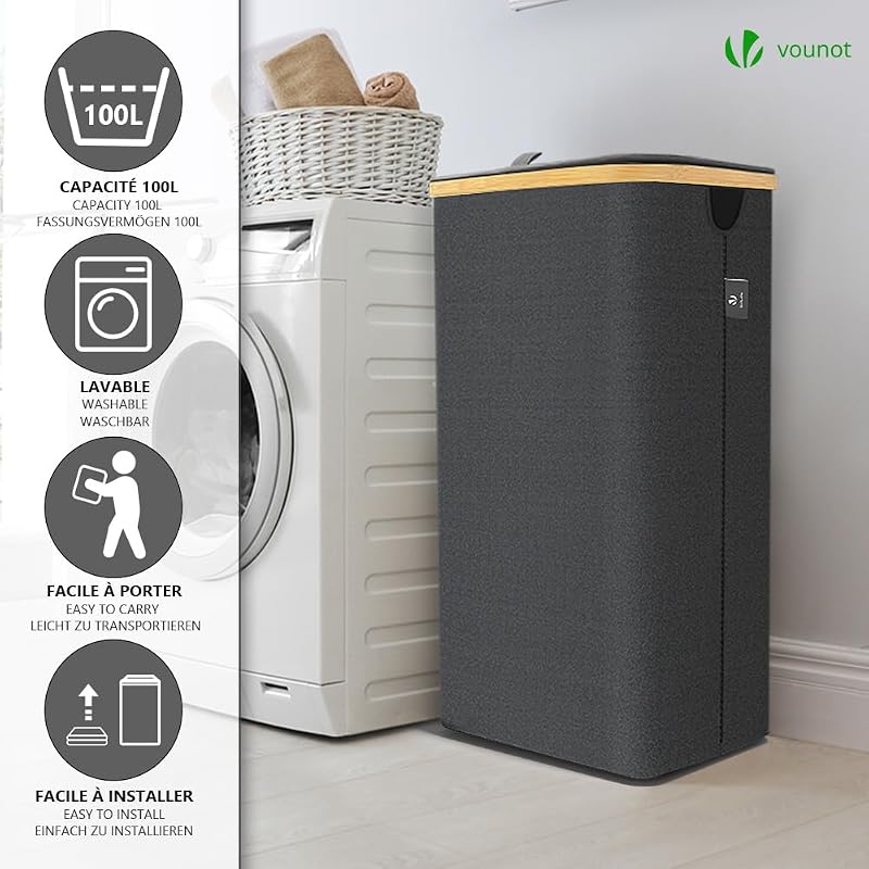 ® Cesto Portabiancheria 100L con Ruote, Cesta Biancheria Sporca con Coperchio e Manici in Bambù, Porta Biancheria Pieghevole Cesta Panni Sporchi per Bagno o Lavanderia Vestiti, Grigio