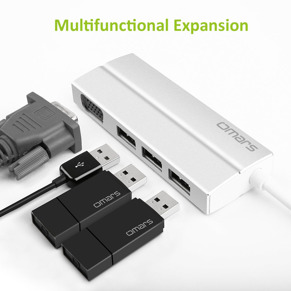 Omars USB C Hub VGA, 4-in-1 Aluminum 1080P VGA Adapter + 3 * USB 3.0 Ports for New Macbook, Macbook Pro 2016/2017, Google ChromeBook Pixel, Huawei Matebook and Other Type C Devices