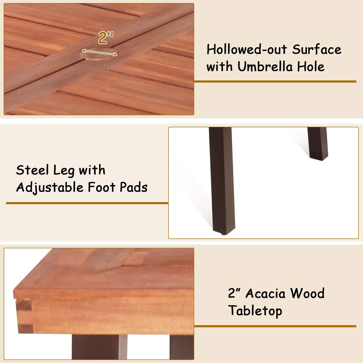 Giantex Patio Dining Table with Umbrella Hole, Outdoor Picnic Table for Backyard, Garden, Lawn, Farmhouse, Acacia Wood Rectangular Table with Metal Legs, Rustic Brown: Kitchen & Dining
