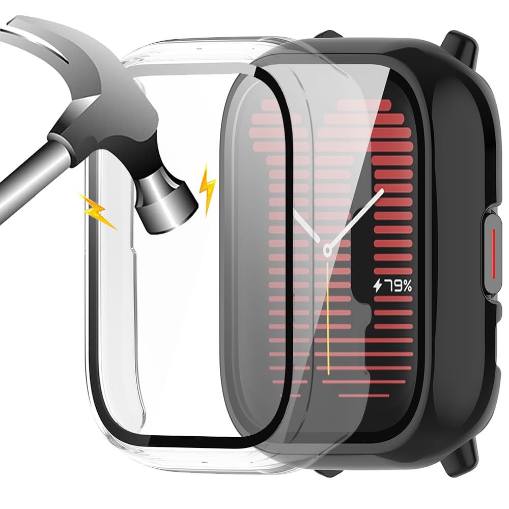 Akancy [2 Pieces] Hard Case Compatible with Amazfit Active with Protective Film, 9H Hardness PC Case Hart Slim Tempered Glass, Transparent Black