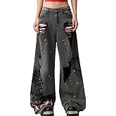 kakarin choyx Fashion Gothic High Waisted Straight Leg Denim Pants Y2K Vintage Casual Ripped Fringe Graffiti Jeans