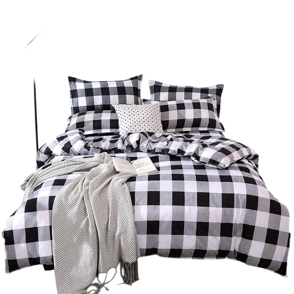 Farmhouse Buffalo Checked Bedding Set Black Gray White Plaid Comforter Cover Single,Soft Lightweight Grid Bedspreads, 1 Lattice Duvet Cover 2 Pillow Shams Modern Geometric Decor Grey Quilt,Zipper