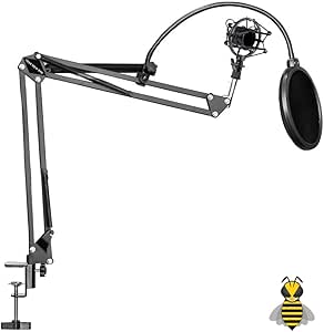 Tree New Bee Complete Set Microphone Suspension Boom Scissor Arm Stand with 6 inch Mic Round Wind Pop Filter Mask Shield and Black Shock Mount (TNB-ARM02), With Pop Filter and Shock Mount