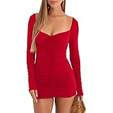 GOBLES Women's Elegant Long Sleeve V Neck Ruched Bodycon Mini Party Cocktail Dress