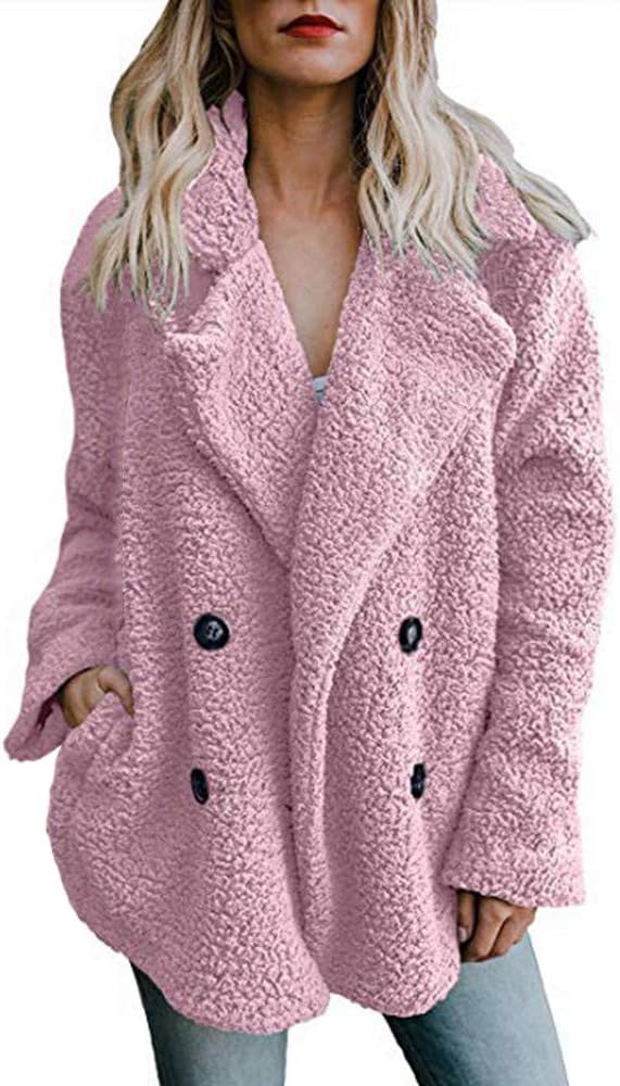 Womens Coat Jacket Parka Warm Faux Fur Fleece Fluffy Notch Collar Plain Button Decor Fashion Loose Outerwear