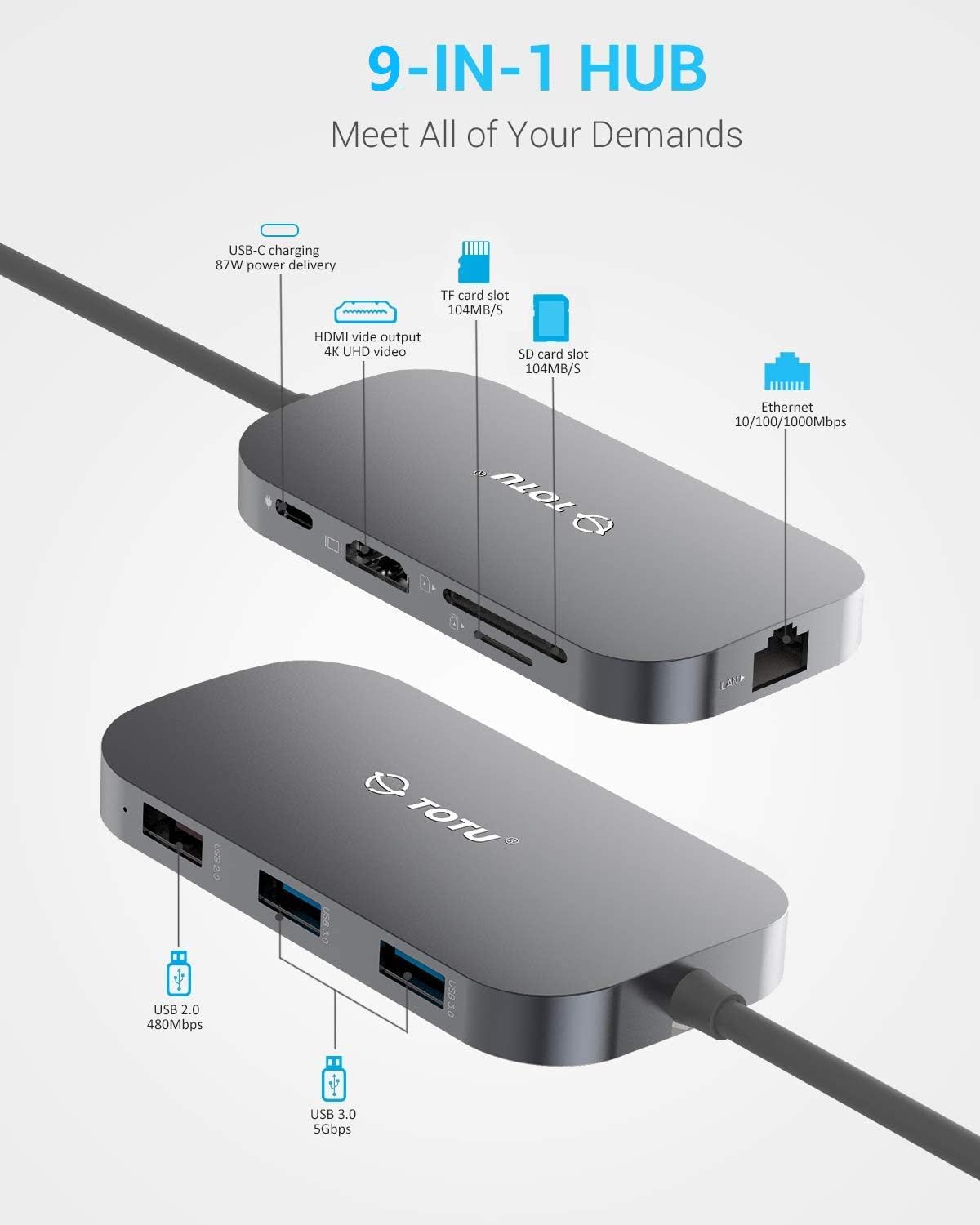 TOTU USB C Hub,9-In-1 Type C Hub with Ethernet Port, 4K USB C to HDMI, 2 USB 3.0 Ports, 1 USB 2.0 Port, SD/TF Card Reader, USB-C Power Delivery, Portable for Mac Pro and Other Type C Laptops (Silver): Computers & Accessories