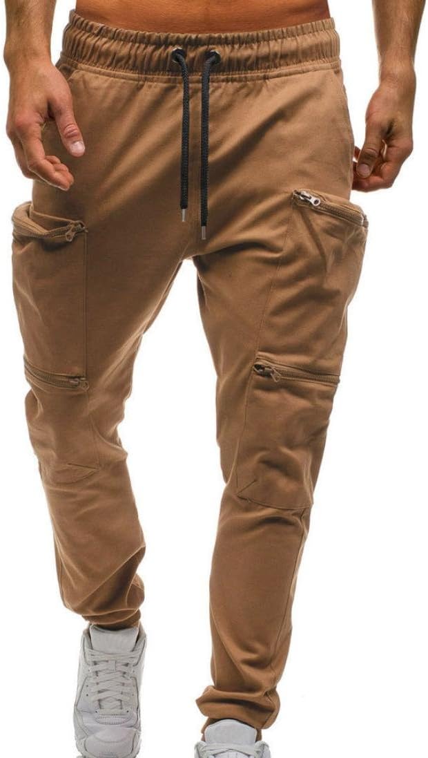 Realdo Men's Solid Casual Pants, Fashion Elastic Waist Drawstring Zipper Pockets Cargo Pants