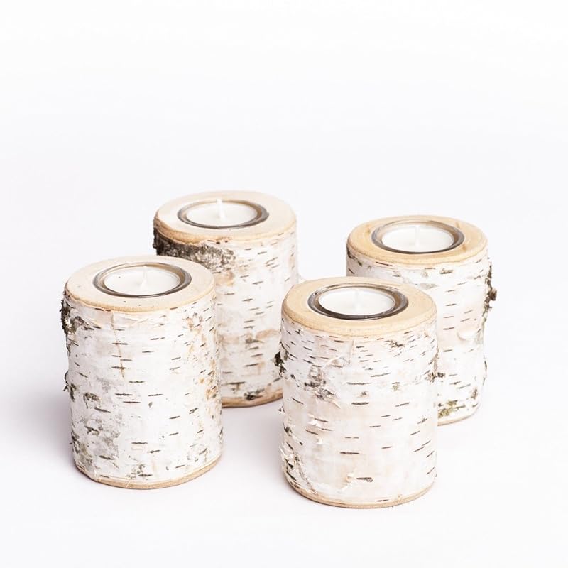 Woods Teelichthalter Set Aus Birken Holz Mit Glaseinsatz I Handgefertigt In Bayern I Rustikale Tisch Deko Weihnachtsdeko I Holz Deko Windlicht I Adventskranz Kerzenhalter 9 10 Cm I 4 Stuck Amazon De Handmade