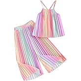 RoseSeek Girl's 2 Piece Boho Outfits Pleated Spaghetti Strap Camisoles and Elastic Waist Wide Leg Pants