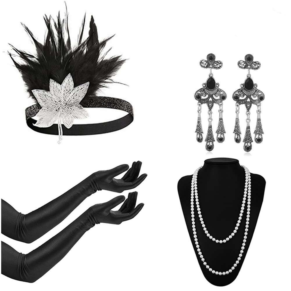 Timelike 1920s Accessories Flapper set For Women Gatsby Costume Accessories Including Feather Headband Gloves Necklace Earing