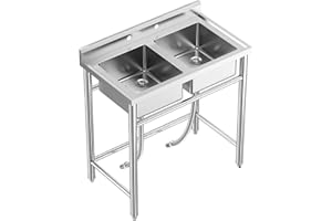 Free Standing Double Bowl Sink, 304 Stainless Steel Utility Sink, NSF Certificated, Commercial Kitchen Sink for Garage, Resta
