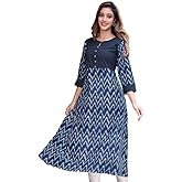 Yash Gallery Women's Cotton Kantha Chevron Calf Length 3/4 Sleeve Indian A-Line Kurta Dresses For Summer