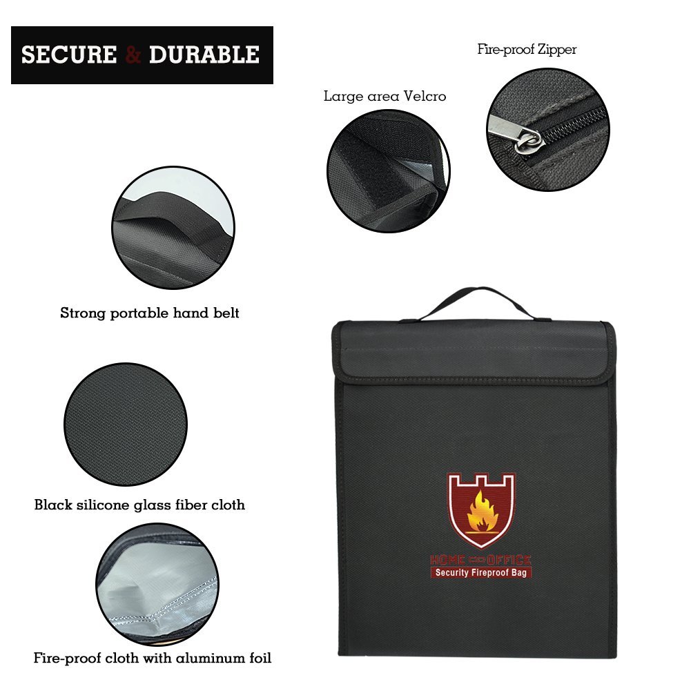 Fireproof Safe Fireproof Bag File Storage Non-Itchy Silicone Coated Safe Fireproof Waterproof for Home,Laptop,Money, Documents, Jewelry and Passport,Lipo Battery(15×12×3 inch)