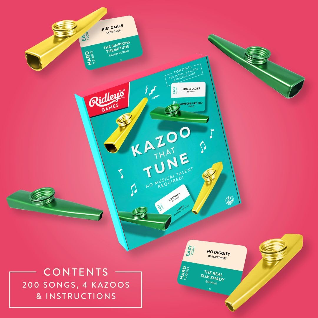 Ridley’s Kazoo That Tune Song Guessing Game – Fun Song Games for Families, Fast-Paced Game for 2-4 Players, Ages 8+ – Includes 4 Kazoos and over 200 Well-Known Tunes
