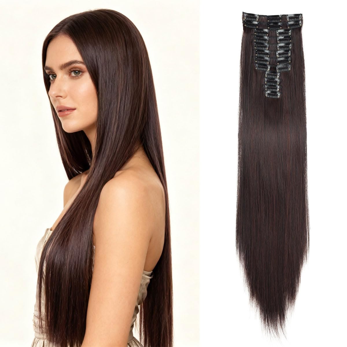 JIAMEISI 22 Inch Clip in Hair Extensions Long Straight Hair Extensions Clip in 12Pcs Synthetic Fiber Full Head Clip in Hairpieces for Women Double Weft 2/33 Black mixed Dark Brown — image 1