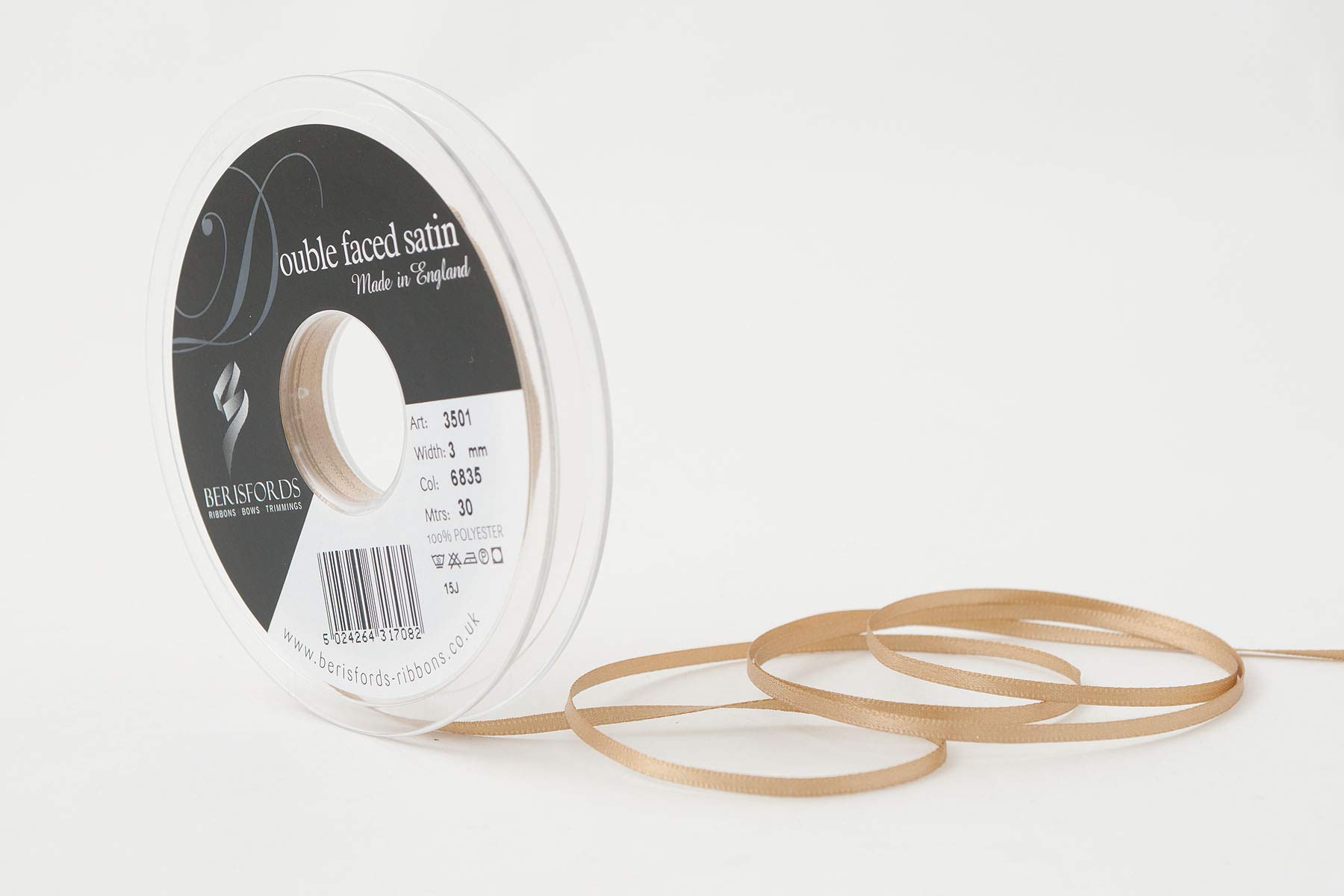 Berisfords Double FACE Poly Satin Ribbon, Straw, 3 mm