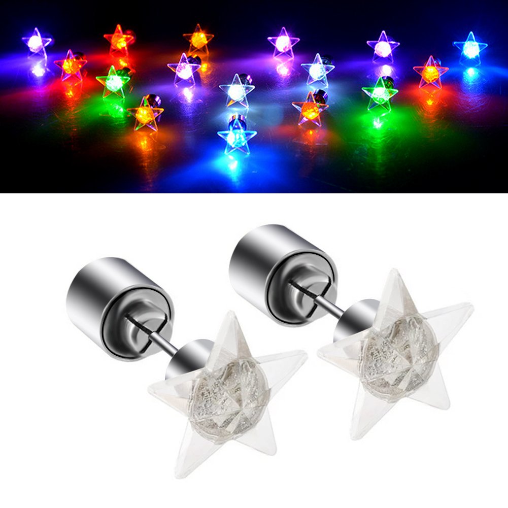 Led Earrings,4 Pair Glowing Light Up Earrings Star Shape Multicolor Bright Stylish Fashion Ear Drop Pendant Stud Stainless for Party Men Women Halloween Thanksgiving Day Christmas(4 color)