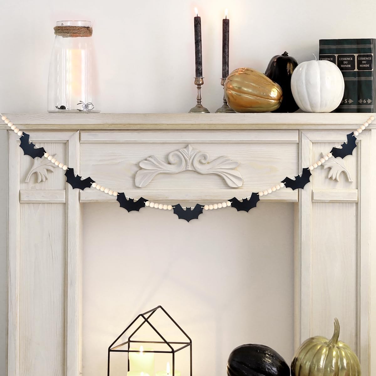 Wreaths, Garlands & Swags - Halloween Garland, Bats Garland for Halloween Mantle Decor, Felt Bats Wood Bead Banner for Fireplace Mantel Decoration