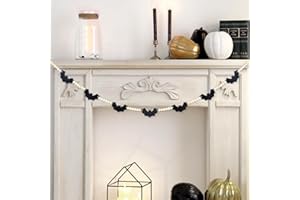 AKEROCK Halloween Garland, Bats Garland for Halloween Mantle Decor, Felt Bats Wood Bead Banner for Fireplace Mantel Decoration