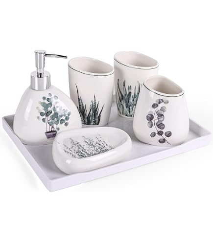 Set Bagno Avanti Linens Ombre Leaves – 4 Pezzi In Resina: Dispenser, Bicchiere, Portaspazzolino, Portasapone, Sfumatura Blu-bianco