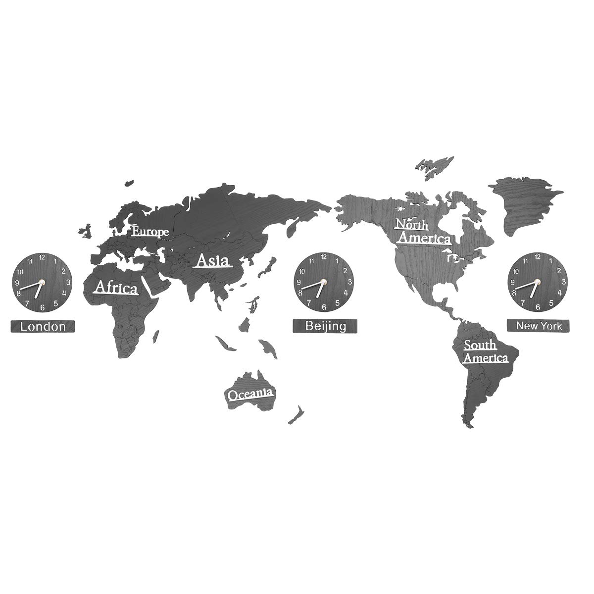 Garneck World Map Wall Clock Modern Multiple Clock New York London Zone Clock for Home Office (No Battery) Black 140X65cm