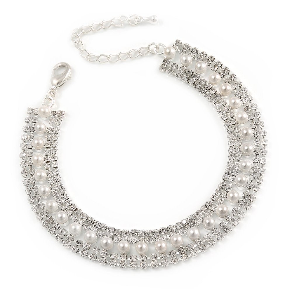 Avalaya Bridal/Wedding/Prom/Party Austrian Crystal, White Glass Pearl Bracelet In Rhodium Plating - 18cm L/ 5cm Ext