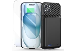 POAQCIF 13800mAh Battery Case for iPhone 15 Plus(6.7 inch), [2025 Upgraded] High Capacity Rechargeable Extended Charging Charger Case with Tempered Glass Screen Protector, Black