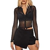 ZANZEA Women's Sexy Mesh Shirt Sheer Button Up Blouse See Through Long Sleeve Crop Top