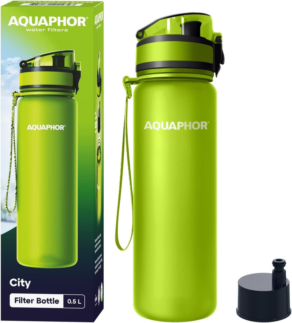 AQUAPHOR City Bottle 500ml Green | Travel Water Bottle with Activated Carbon Filter | Filters Chlorine & Impurities | Made of Tritan & BPA-Free | Stay Hydrated On the Go!
