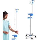 Thyle IV Pole with Wheels Medical Portable IV Stand, Blue, Classic | IV Stand with 4 Hook, Tray &amp; 5 Caster Base, Adjustable 43.3" to 78.7" Height, IV Pole Stand for Hospital Home and Outdoor Use