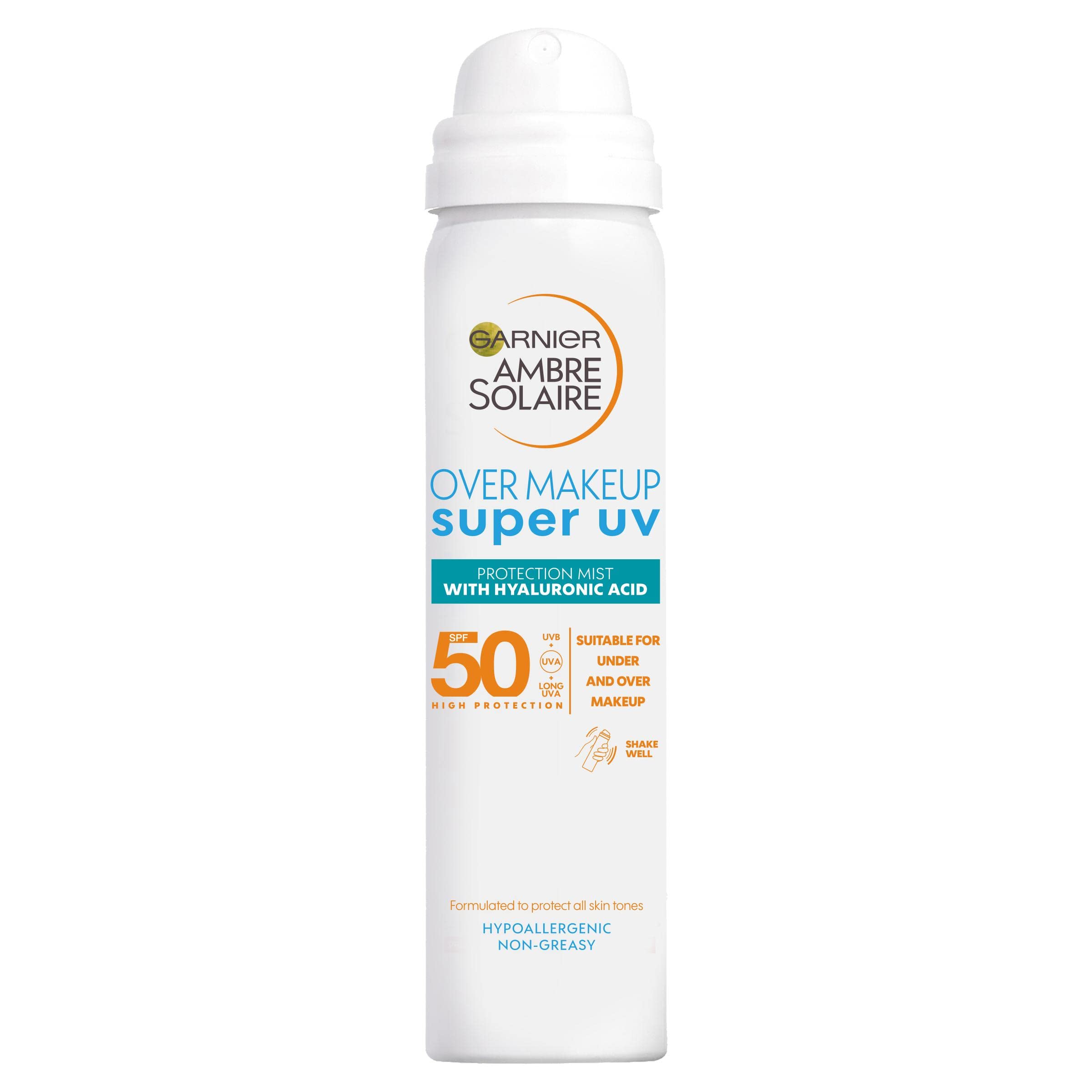 Garnier Ambre Solaire Sun Protection Over Makeup, Non-Greasy + Lightweight, With Hyaluronic Acid, Protection Mist SPF50, Super UV, 75ml