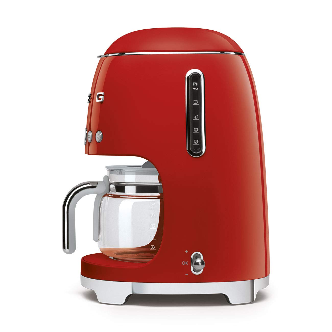 Smeg Cafetera de goteo estética de estilo retro de los años 50 con jarra de vidrio para 10 tazas, función de inicio automático, plato para mantener caliente y dos configuraciones de intensidad del café (rojo)