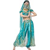 Belly Dance Princess Costume - Aladdin Jasmine Cosplay Outfits Halloween Party Teal Costumes for Women